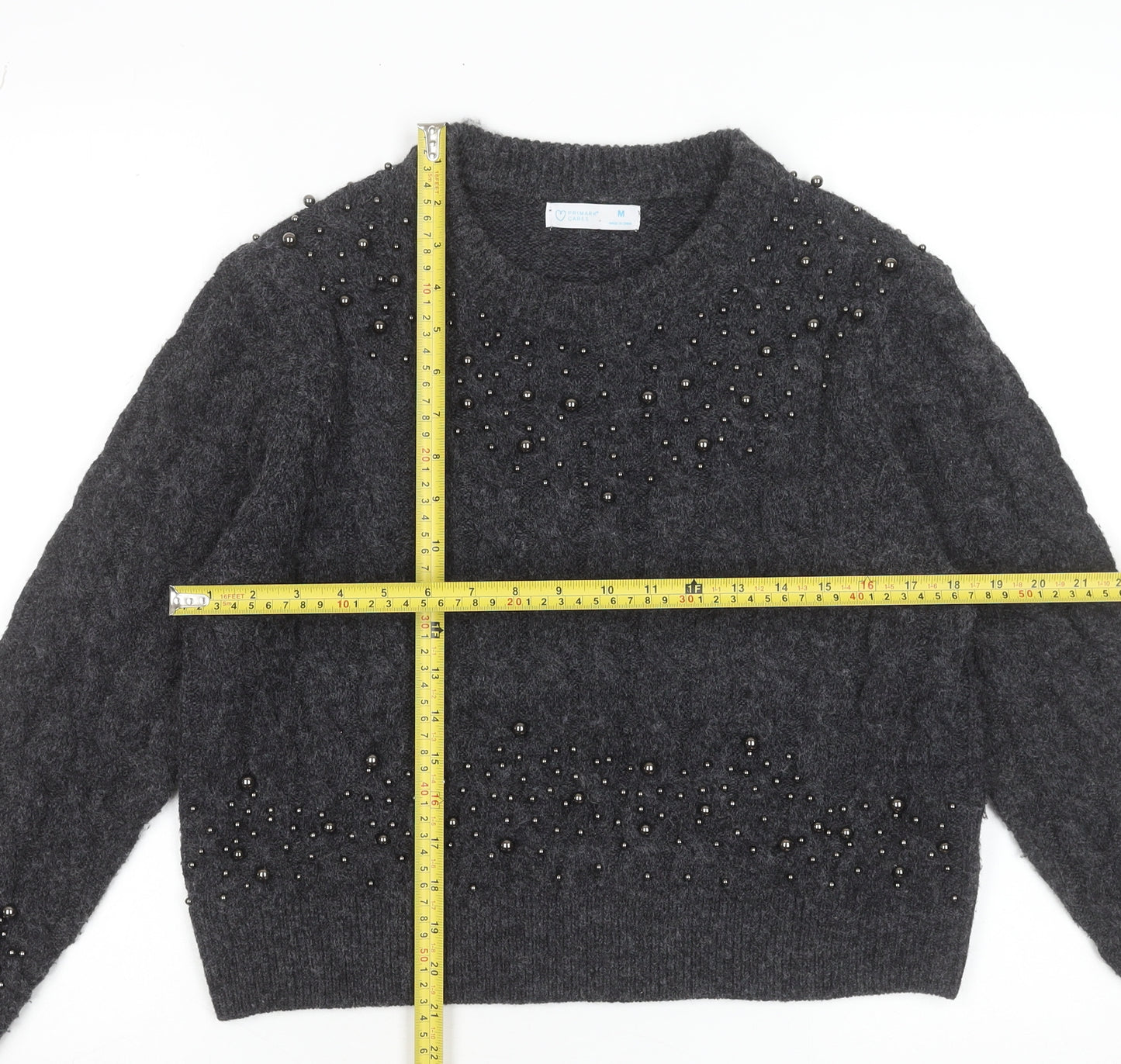 Primark Women Grey Beaded Cable-Knit Crew Neck Jumper Size M