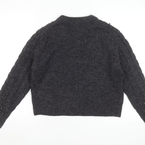 Primark Women Grey Beaded Cable-Knit Crew Neck Jumper Size M