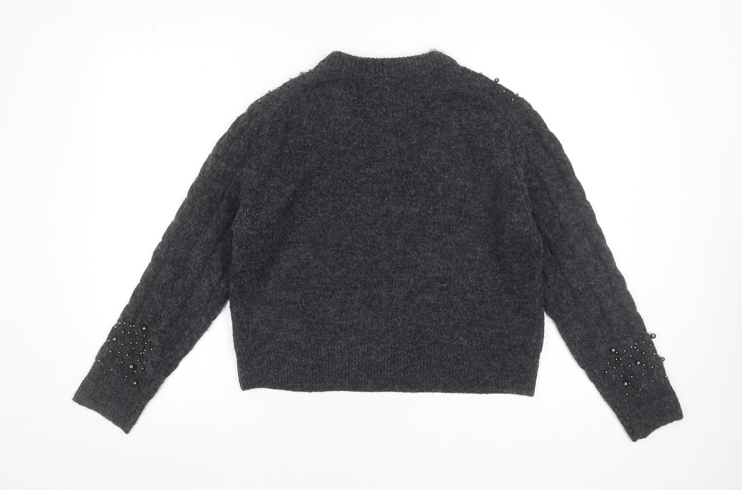 Primark Women Grey Beaded Cable-Knit Crew Neck Jumper Size M