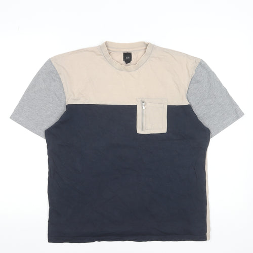 River Island Men's Beige Blue Grey Colourblock Crew Neck Zip Pocket T-Shirt M