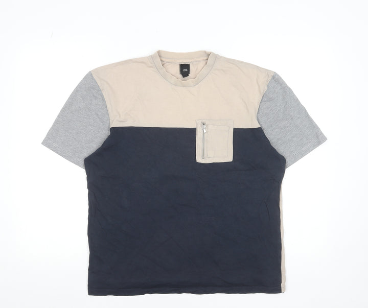 River Island Men's Beige Blue Grey Colourblock Crew Neck Zip Pocket T-Shirt M