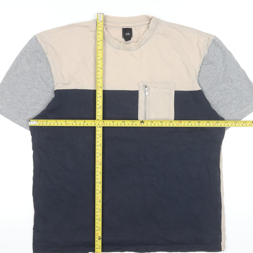 River Island Men's Beige Blue Grey Colourblock Crew Neck Zip Pocket T-Shirt M