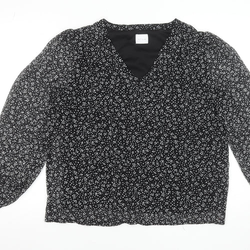 Vila Women's Black Floral V-Neck Long Sleeve Blouse Size 14