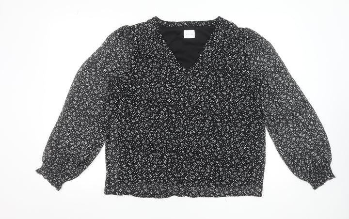 Vila Women's Black Floral V-Neck Long Sleeve Blouse Size 14