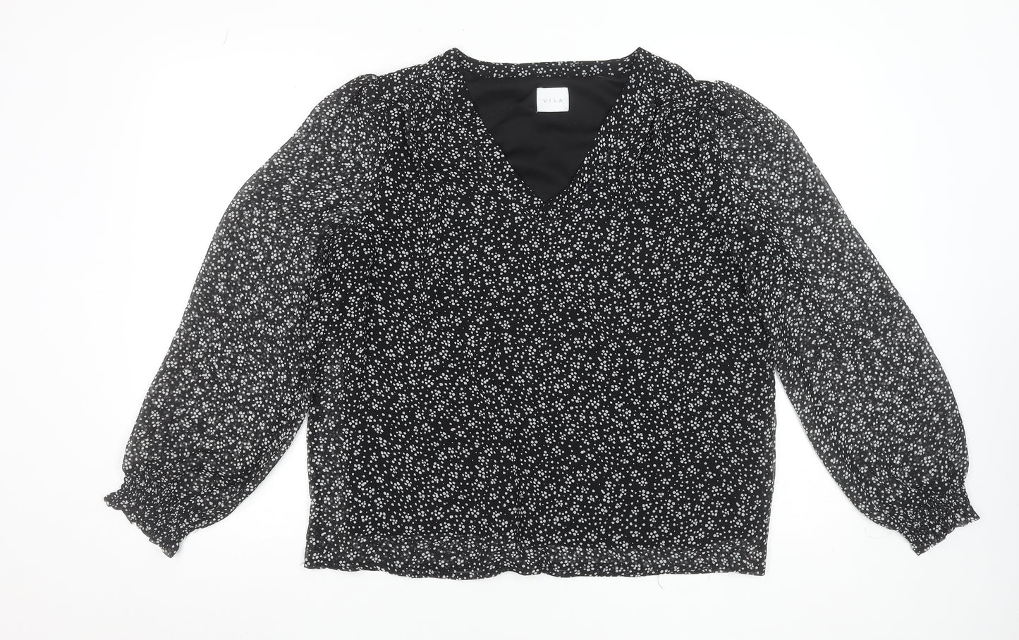 Vila Women's Black Floral V-Neck Long Sleeve Blouse Size 14