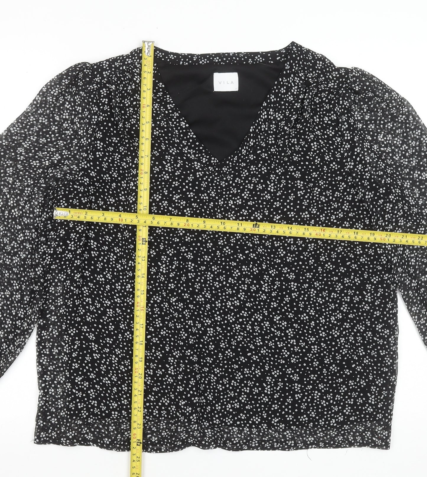 Vila Women's Black Floral V-Neck Long Sleeve Blouse Size 14