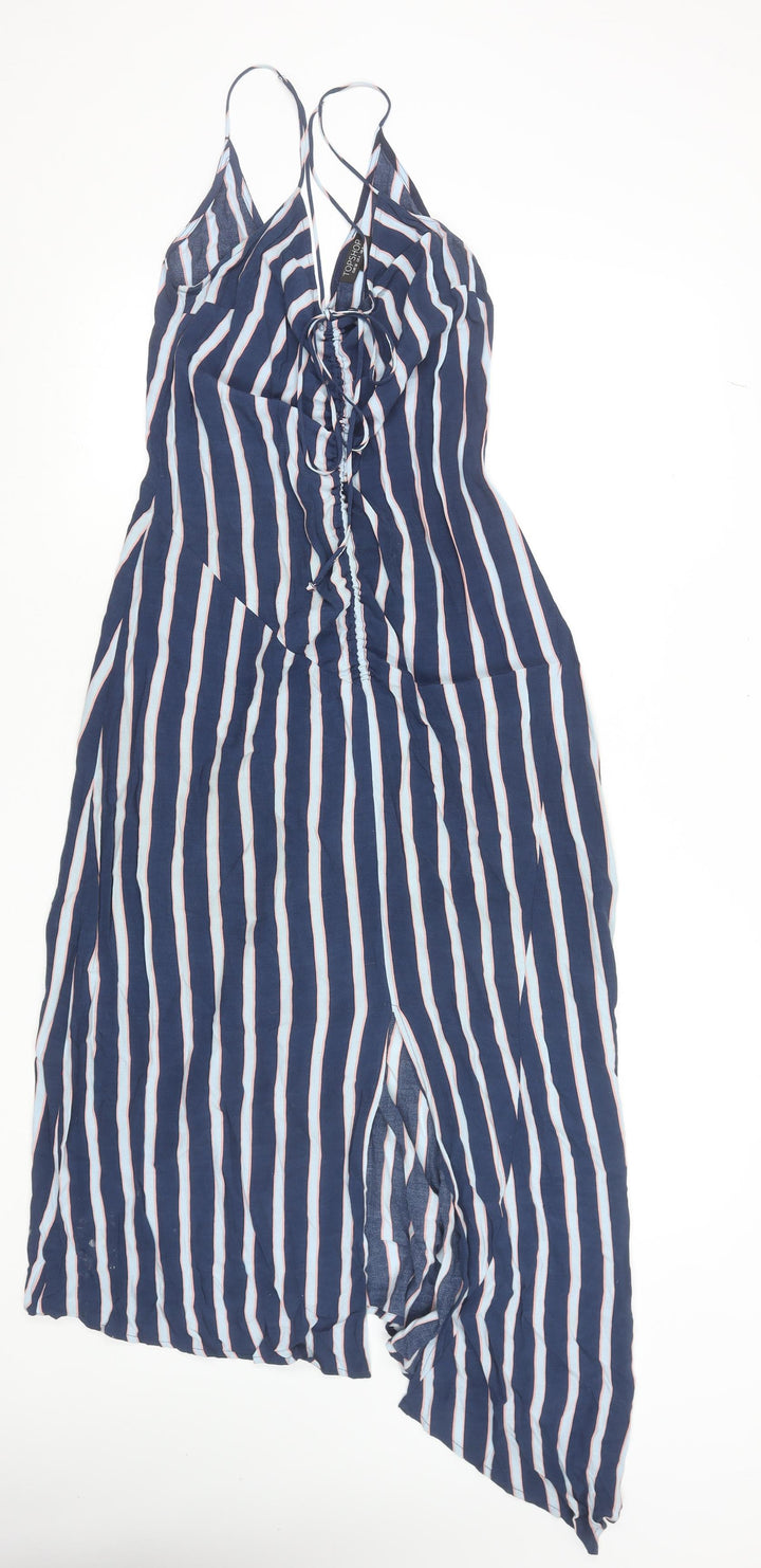 Topshop Women’s Blue Striped Long Slip Dress Size 8 Viscose Summer