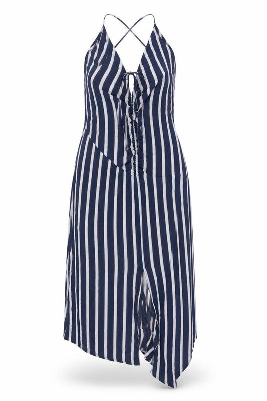 Front view of Topshop Women’s Blue Striped Long Slip Dress, size UK 8, Viscose Summer