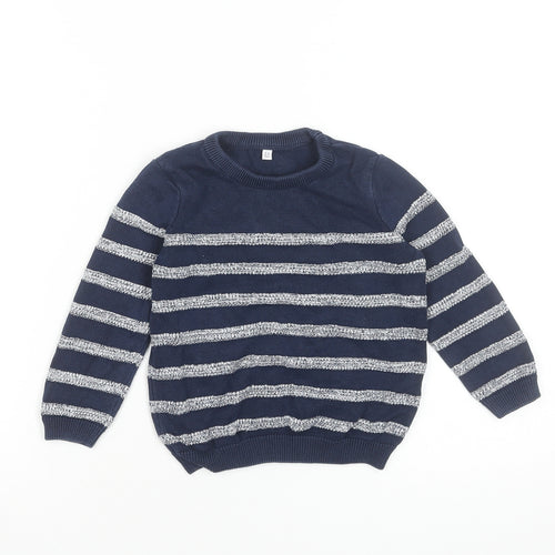 Marks and Spencer Boys Navy Blue Striped Cotton Crew Neck Pullover Jumper 2-3 Years
