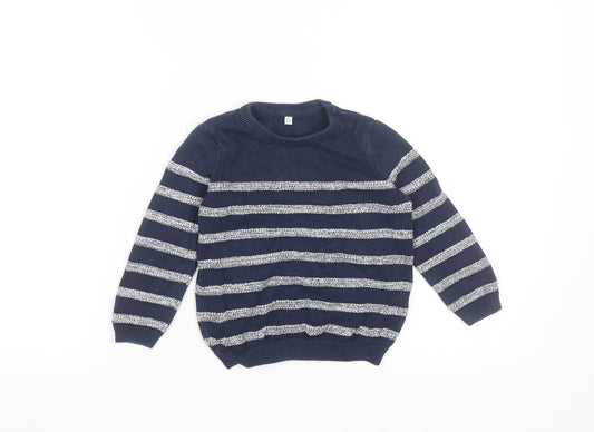 Marks and Spencer Boys Navy Blue Striped Cotton Crew Neck Pullover Jumper 2-3 Years