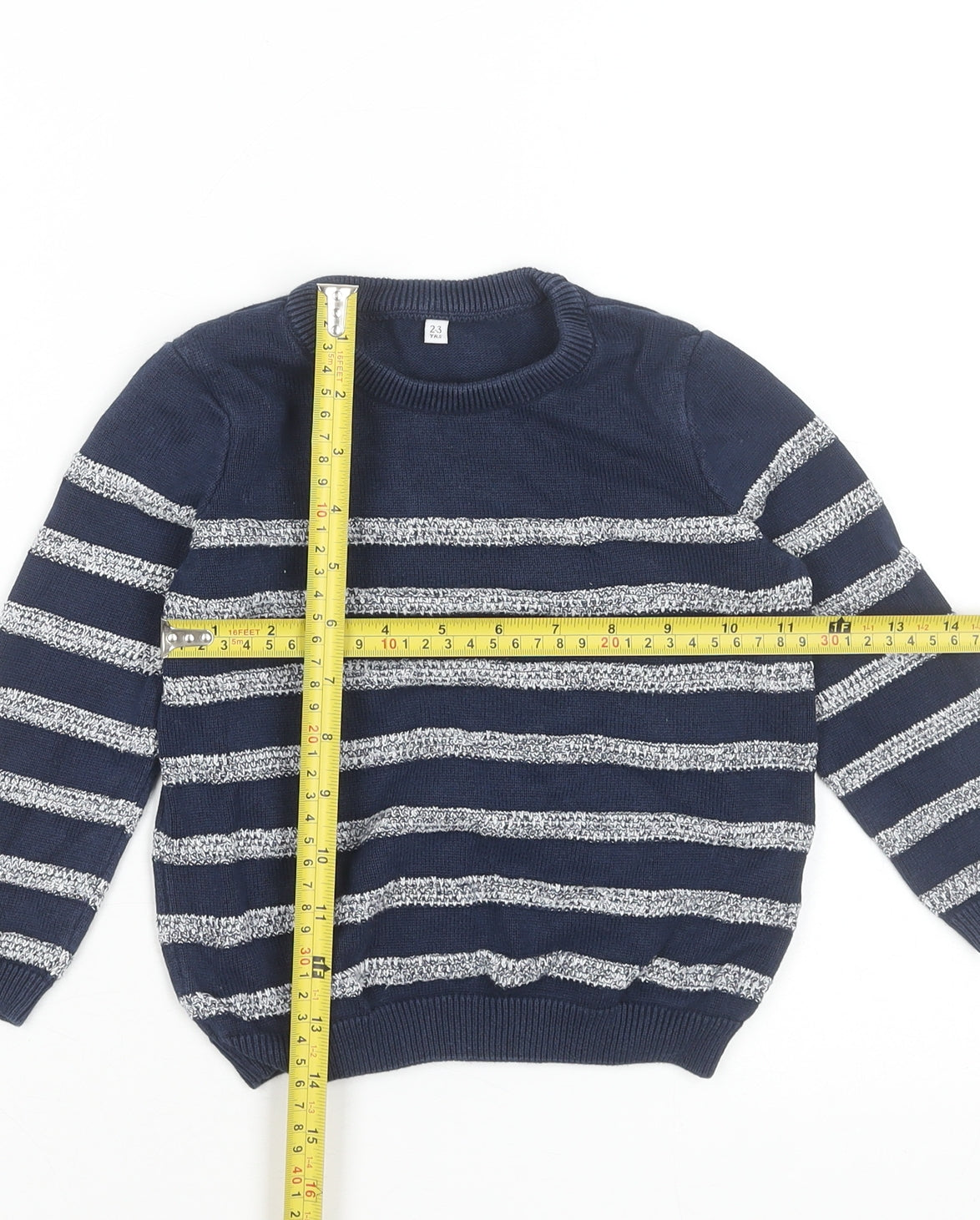 Marks and Spencer Boys Navy Blue Striped Cotton Crew Neck Pullover Jumper 2-3 Years