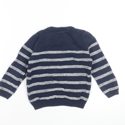 Marks and Spencer Boys Navy Blue Striped Cotton Crew Neck Pullover Jumper 2-3 Years