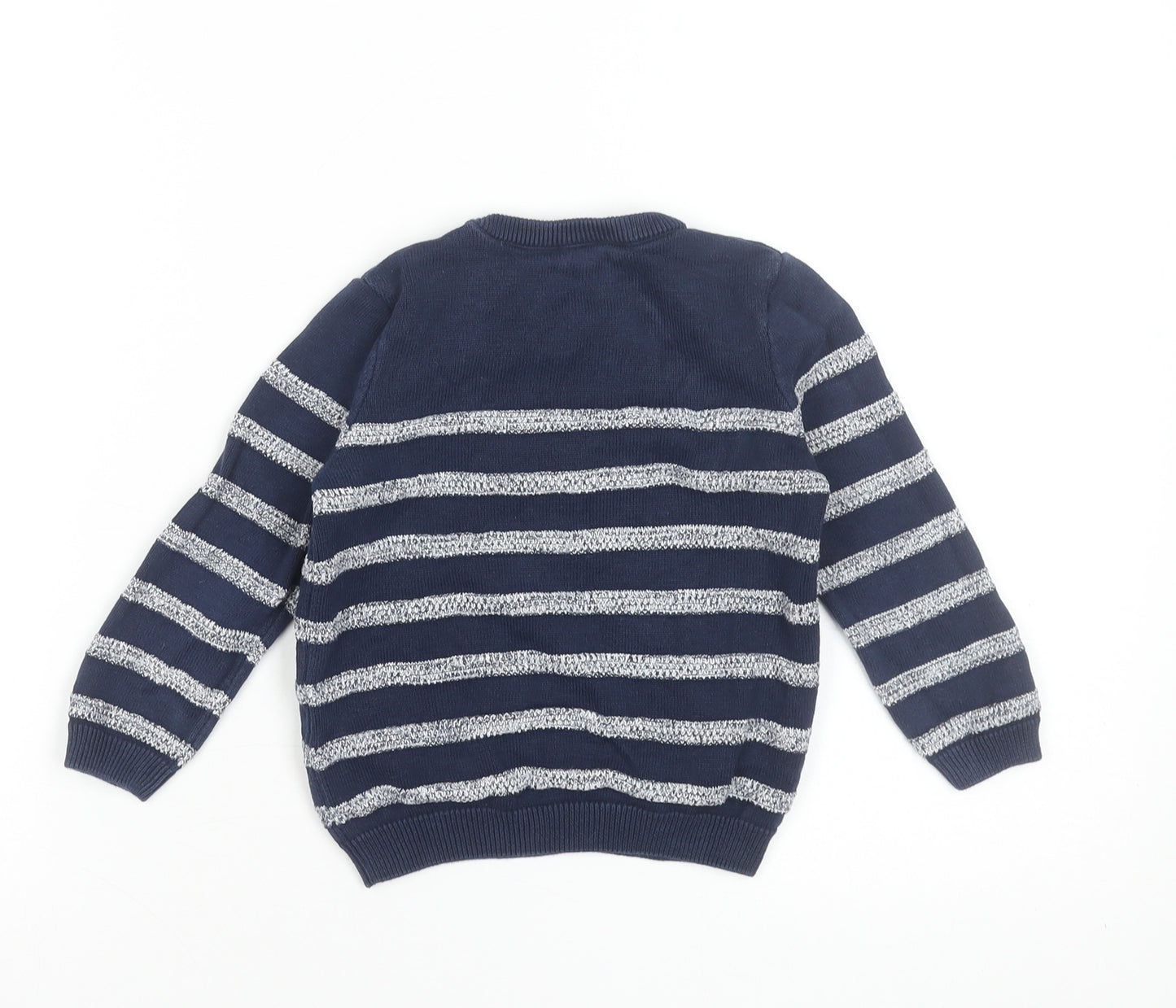 Marks and Spencer Boys Navy Blue Striped Cotton Crew Neck Pullover Jumper 2-3 Years