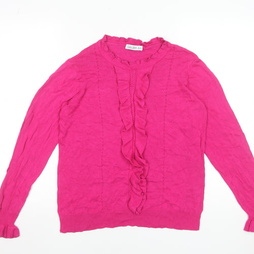 Gallery Women's Pink Ruffle Crew Neck Viscose Jumper Size 14