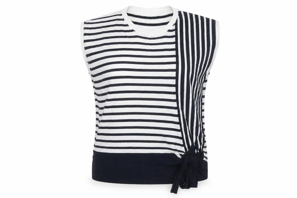 Front view of Marks & Spencer Women’s Multicoloured Striped Crew Neck Sleeveless jumper, size UK 16