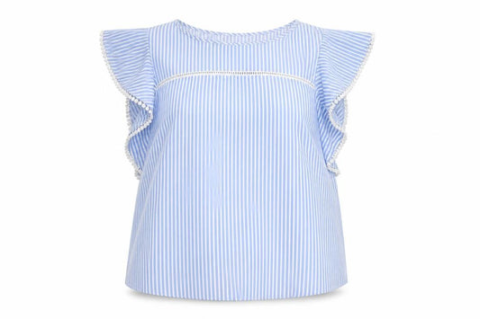 Front view of Dunnes Women Blue Striped Ruffle Sleeve Viscose Blouse, size 16