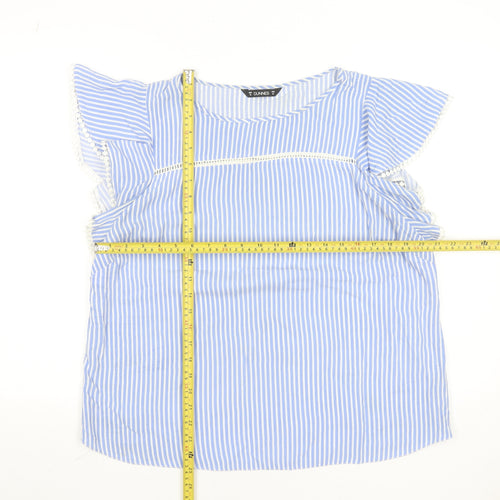 Dunnes Women Blue Striped Ruffle Sleeve Viscose Blouse Size 16