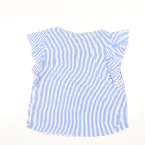 Dunnes Women Blue Striped Ruffle Sleeve Viscose Blouse Size 16