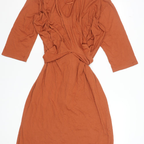 Zara Women Brown Cotton Wrap Dress size L 3/4 Sleeve V-Neck