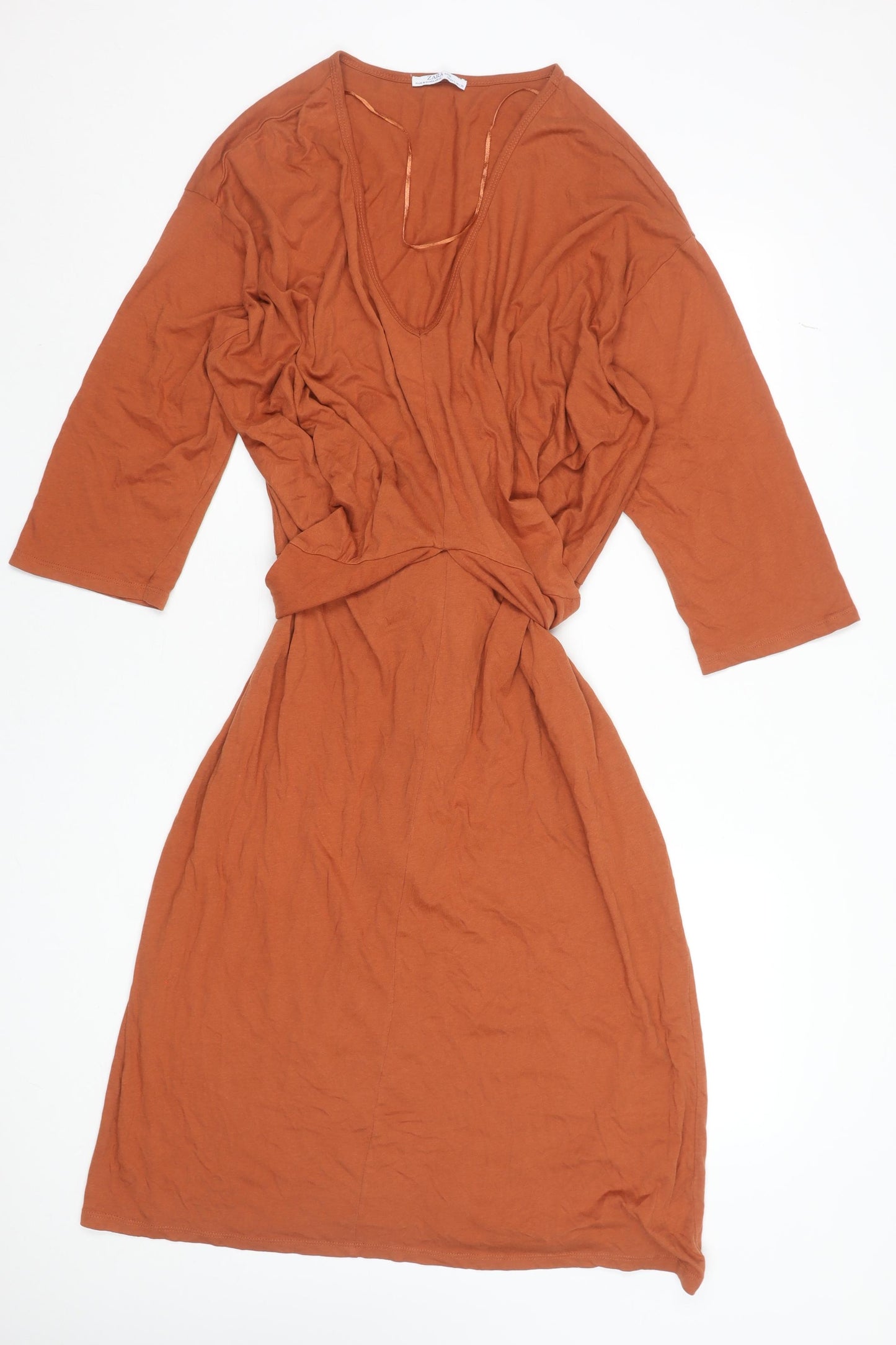 Zara Women Brown Cotton Wrap Dress size L 3/4 Sleeve V-Neck