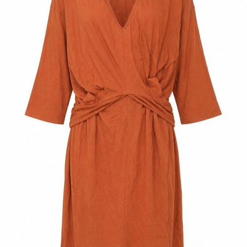 Zara Women Brown Cotton Wrap Dress size L 3/4 Sleeve V-Neck