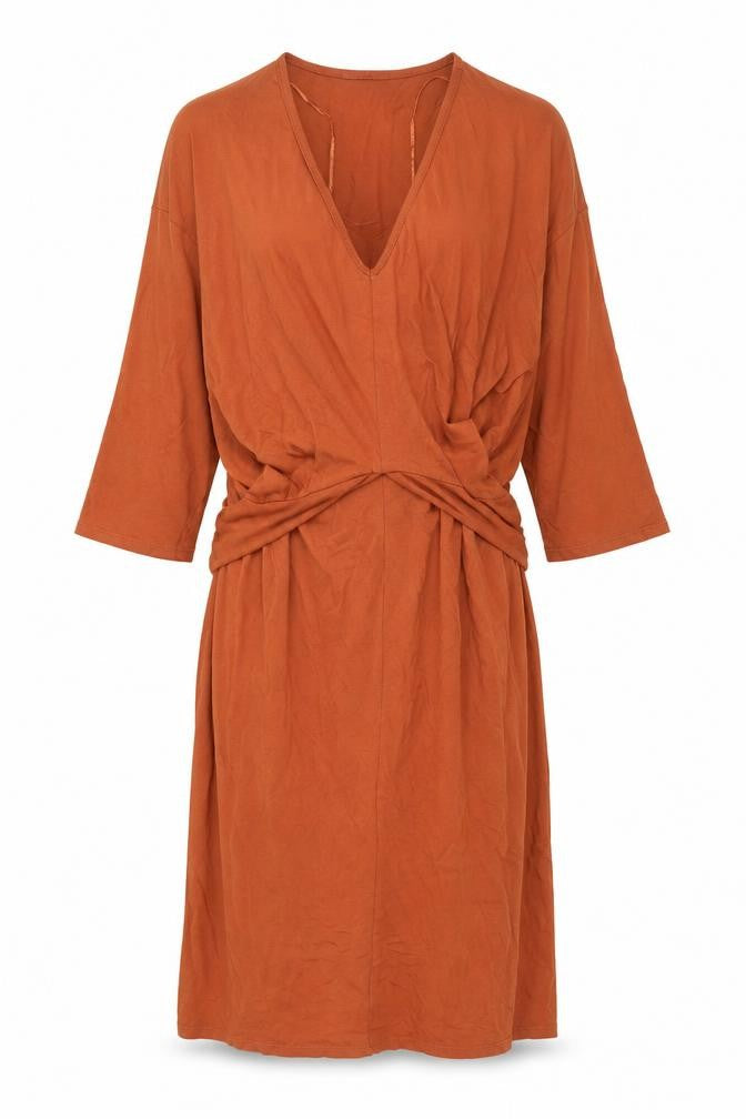 Zara Women Brown Cotton Wrap Dress size L 3/4 Sleeve V-Neck