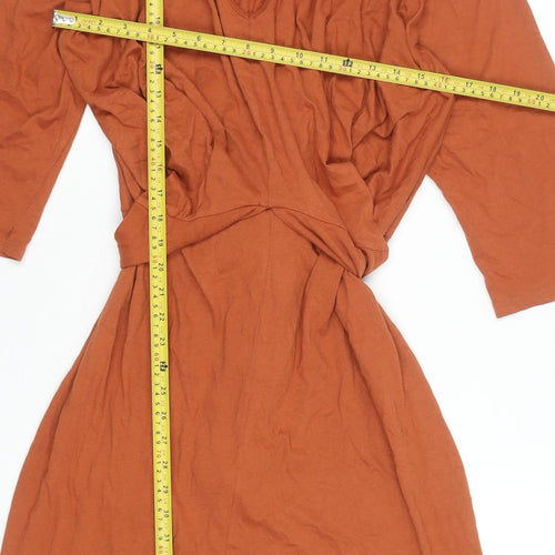 Zara Women Brown Cotton Wrap Dress size L 3/4 Sleeve V-Neck