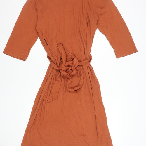 Zara Women Brown Cotton Wrap Dress size L 3/4 Sleeve V-Neck