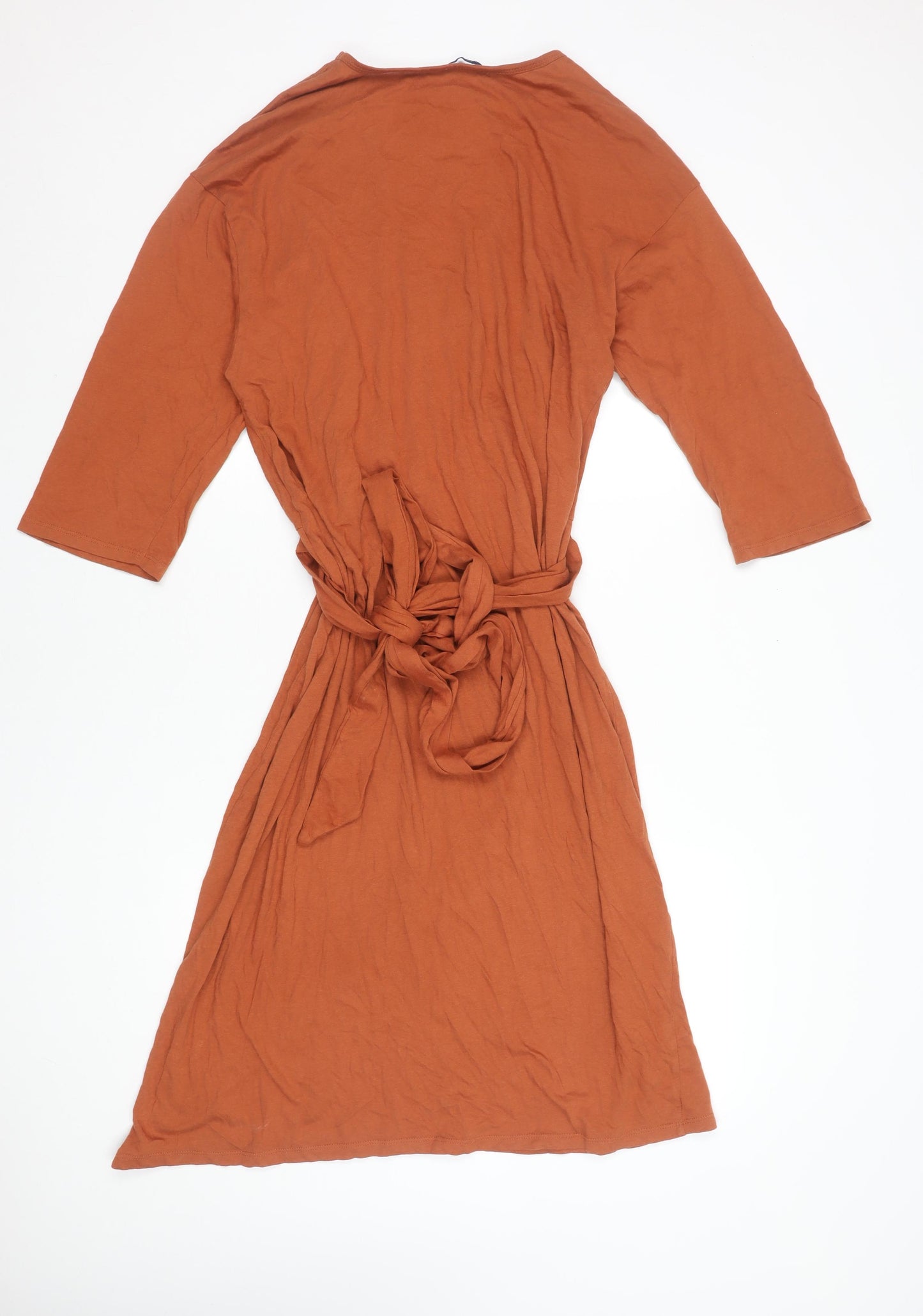 Zara Women Brown Cotton Wrap Dress size L 3/4 Sleeve V-Neck