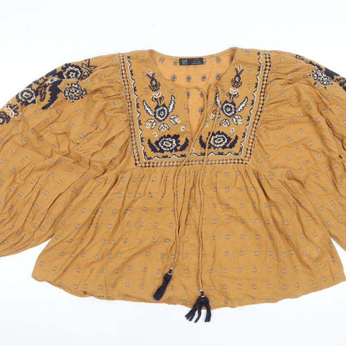 Zara Women Mustard Embroidered Bohemian Blouse Size M Cotton Blend