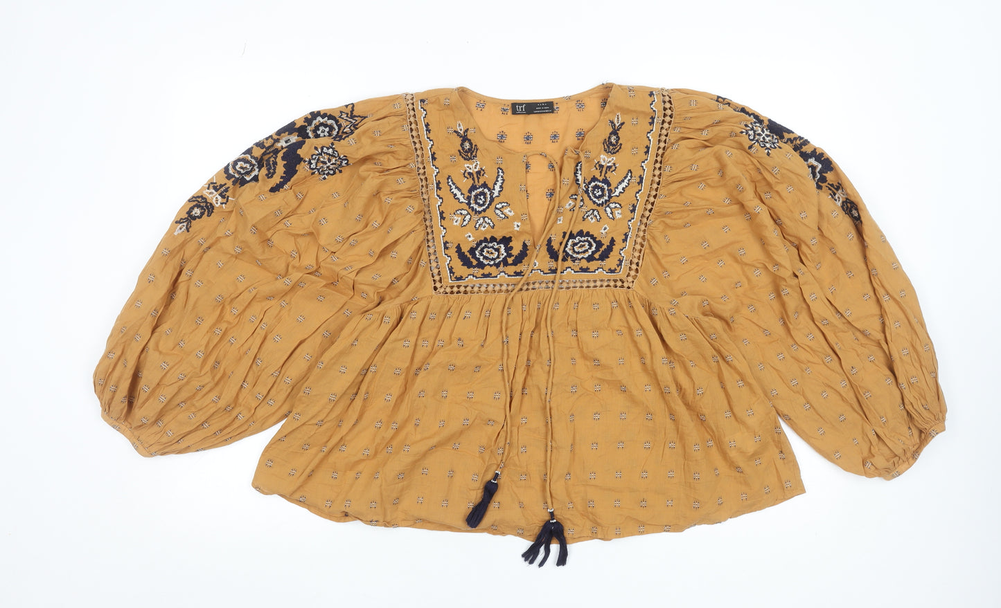 Zara Women Mustard Embroidered Bohemian Blouse Size M Cotton Blend