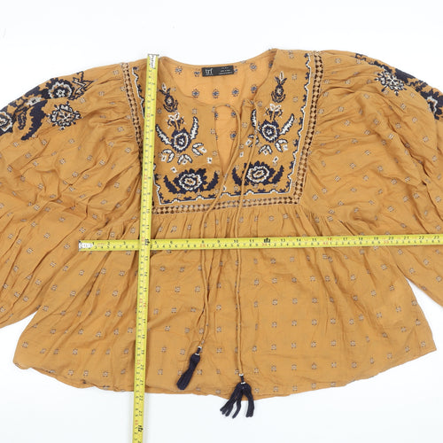 Zara Women Mustard Embroidered Bohemian Blouse Size M Cotton Blend
