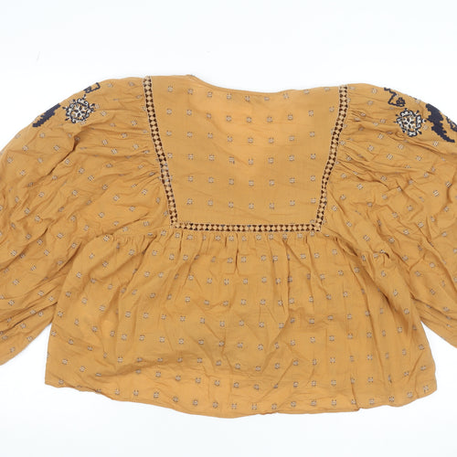 Zara Women Mustard Embroidered Bohemian Blouse Size M Cotton Blend