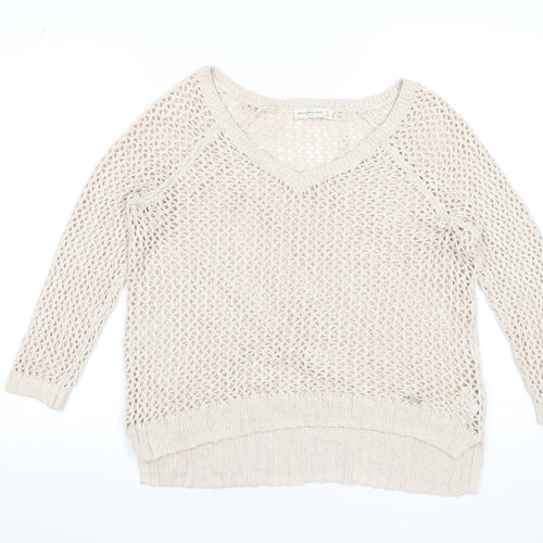 Abercrombie & Fitch Women Beige Open-Knit Cotton Blend V-Neck Jumper M