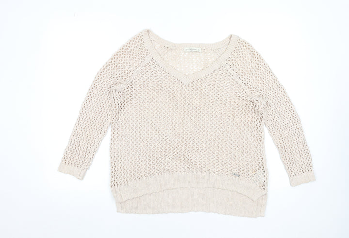 Abercrombie & Fitch Women Beige Open-Knit Cotton Blend V-Neck Jumper M