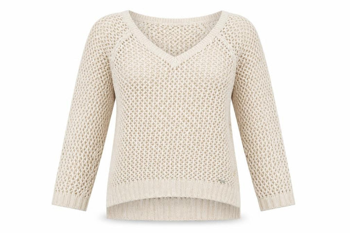 Abercrombie & Fitch Women Beige Open-Knit Cotton Blend V-Neck Jumper M