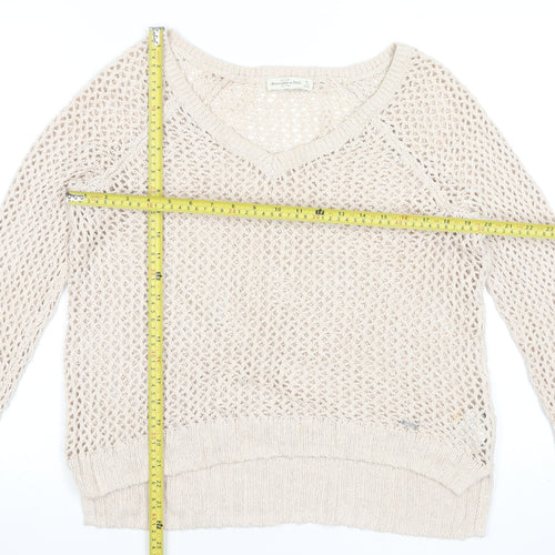 Abercrombie & Fitch Women Beige Open-Knit Cotton Blend V-Neck Jumper M