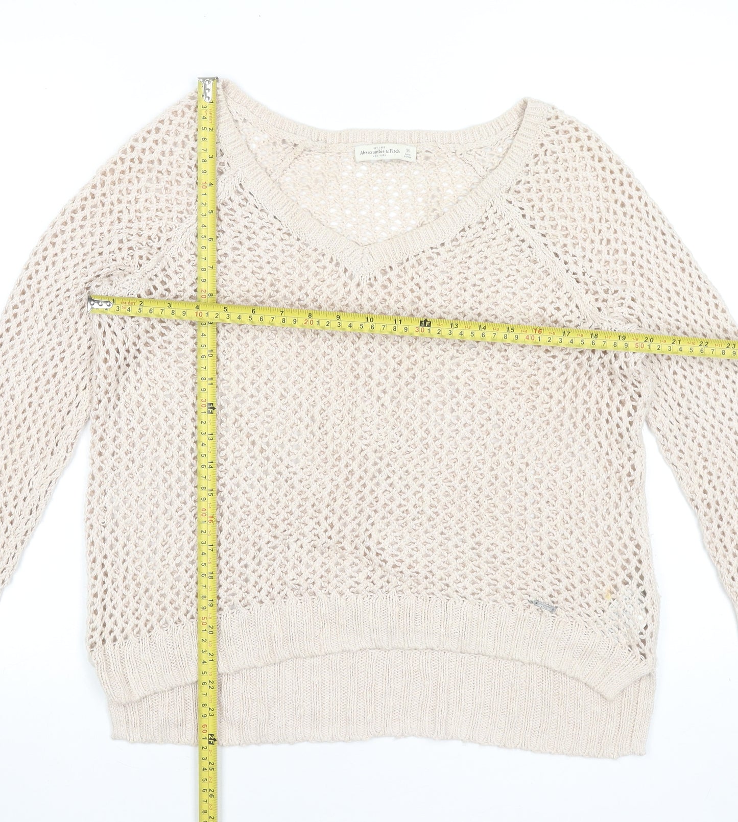 Abercrombie & Fitch Women Beige Open-Knit Cotton Blend V-Neck Jumper M
