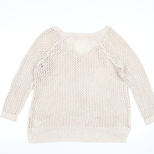 Abercrombie & Fitch Women Beige Open-Knit Cotton Blend V-Neck Jumper M
