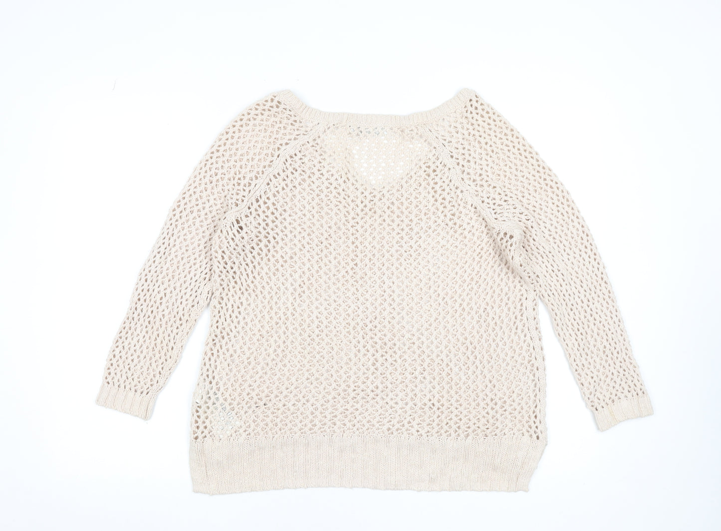 Abercrombie & Fitch Women Beige Open-Knit Cotton Blend V-Neck Jumper M