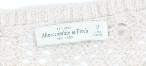 Abercrombie & Fitch Women Beige Open-Knit Cotton Blend V-Neck Jumper M