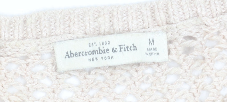 Abercrombie & Fitch Women Beige Open-Knit Cotton Blend V-Neck Jumper M