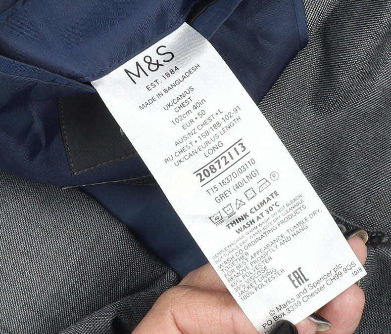 Marks and Spencer Men's Grey 40 Long Wool Blend Blazer Jacket