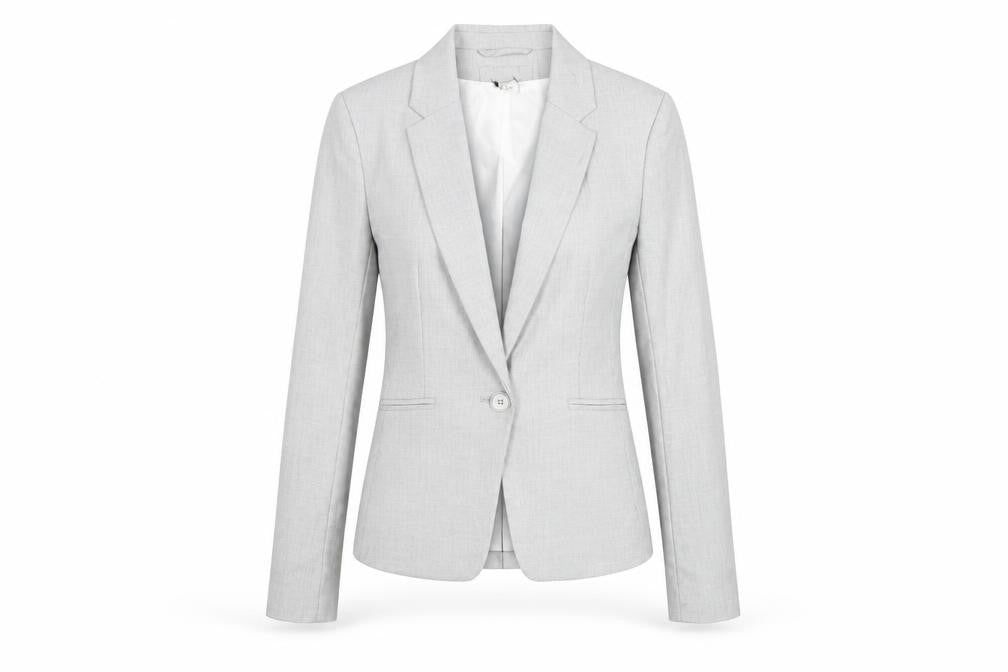 Front view of H&M women’s light grey blazer jacket, size UK 4, single-breasted