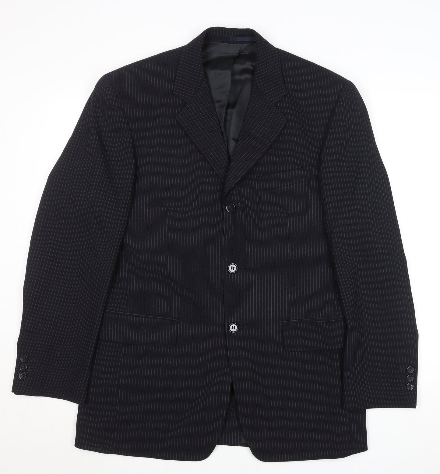 Men’s Black Pinstripe Wool Blazer 38in Regular Fit Jacket