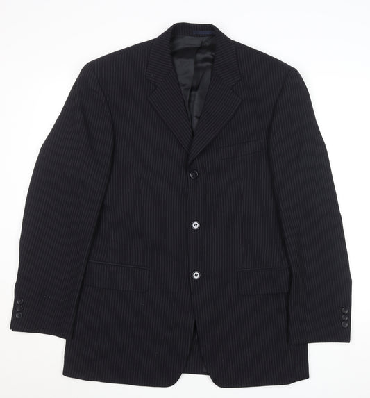 Men’s Black Pinstripe Wool Blazer 38in Regular Fit Jacket