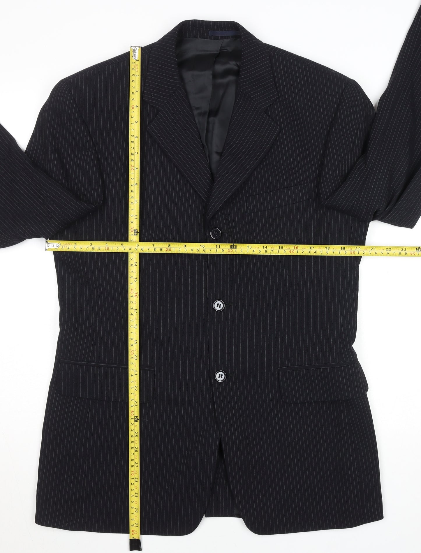 Men’s Black Pinstripe Wool Blazer 38in Regular Fit Jacket