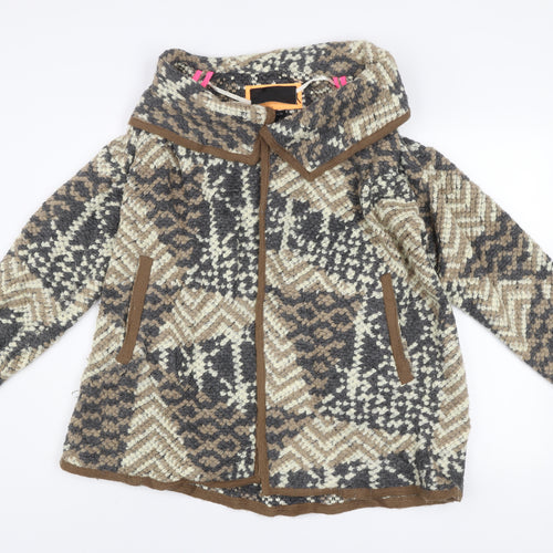 River Island Women Brown Geometric Wool Blend Mid-Length Coat Size 10