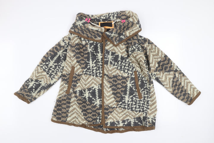 River Island Women Brown Geometric Wool Blend Mid-Length Coat Size 10