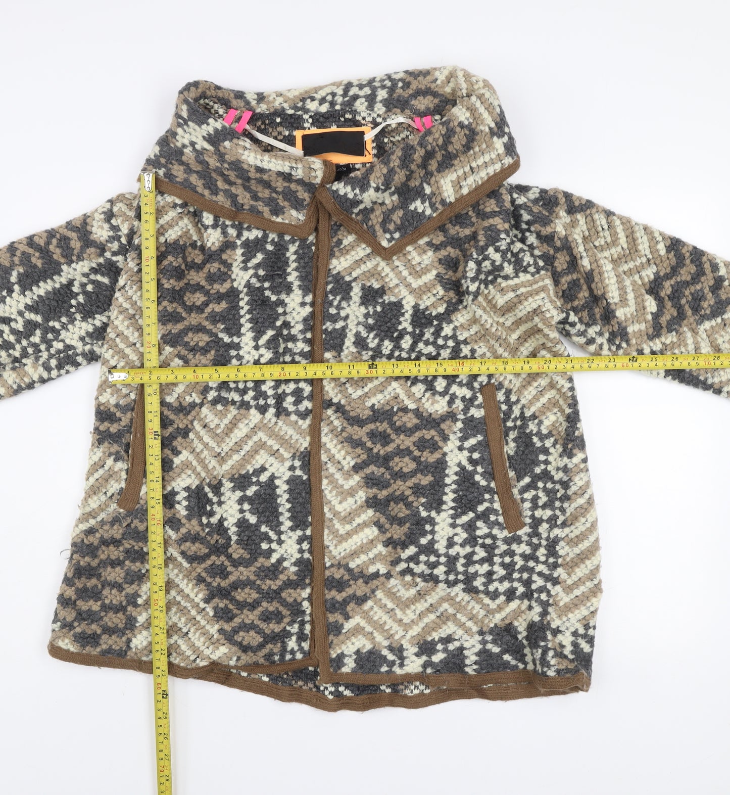 River Island Women Brown Geometric Wool Blend Mid-Length Coat Size 10